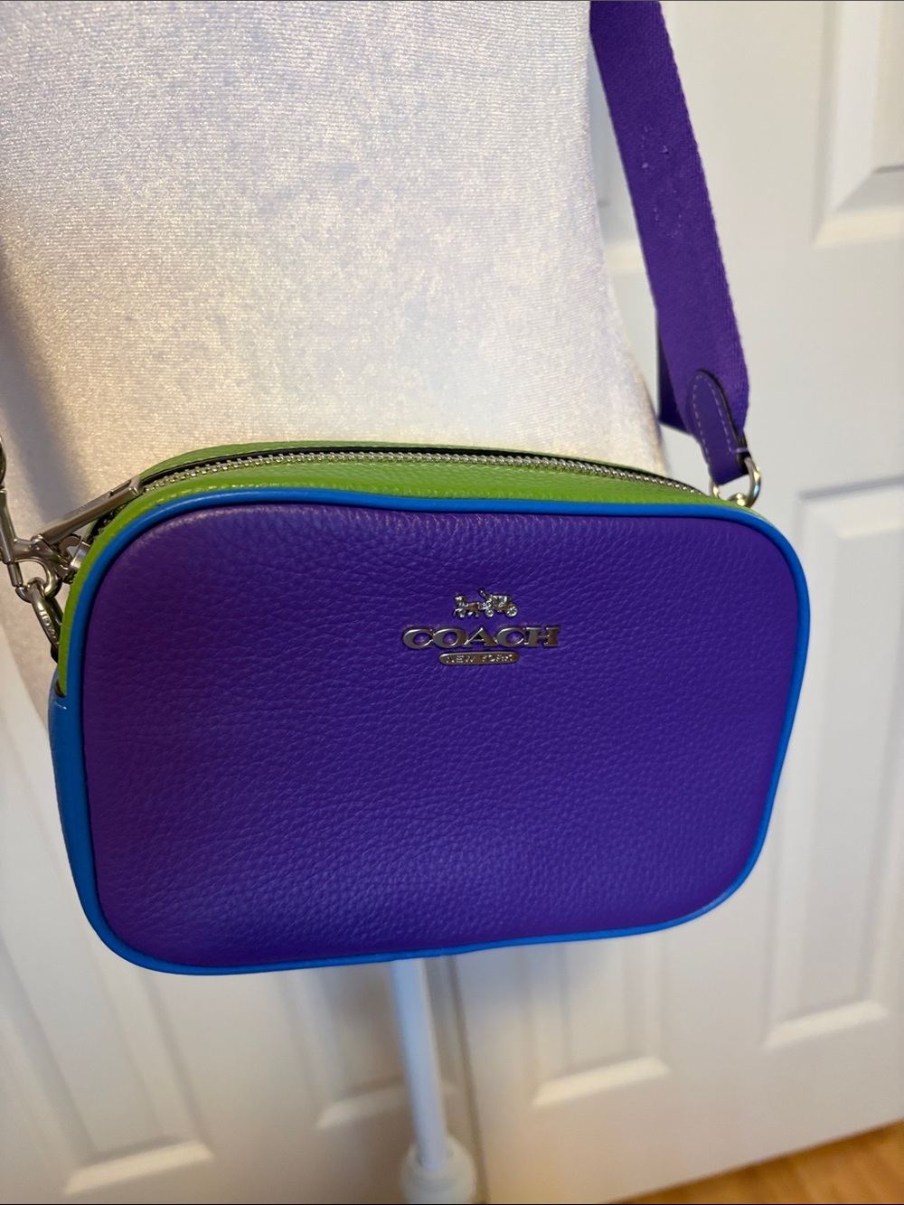 Authentic Coach Purple Leather Crossbody Purse with Blue and Green Accent